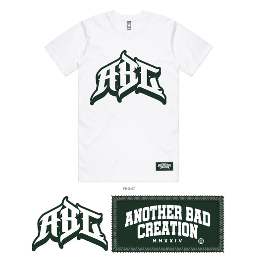 MENS ANOTHER BAD CREATION - WHITE TEE -PRISON PINE GREEN PRINT L/S