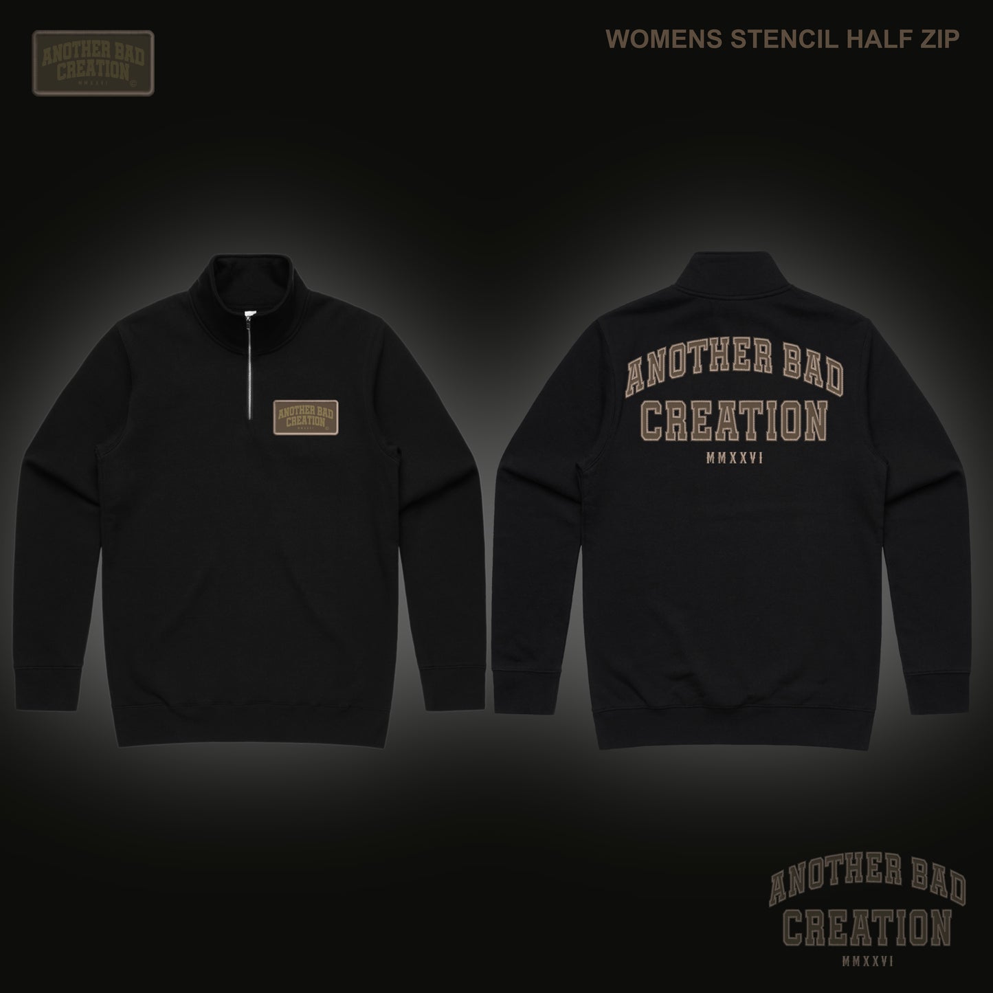 WOMENS ANOTHER BAD CREATION - ABC BROWN EMB JUNE DROP - STENCIL HALF ZIP CREW