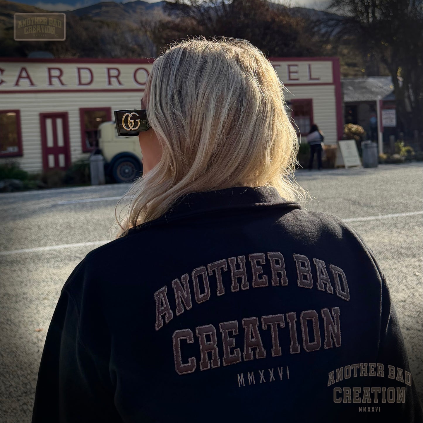 WOMENS ANOTHER BAD CREATION - ABC BROWN EMB JUNE DROP - STENCIL HALF ZIP CREW