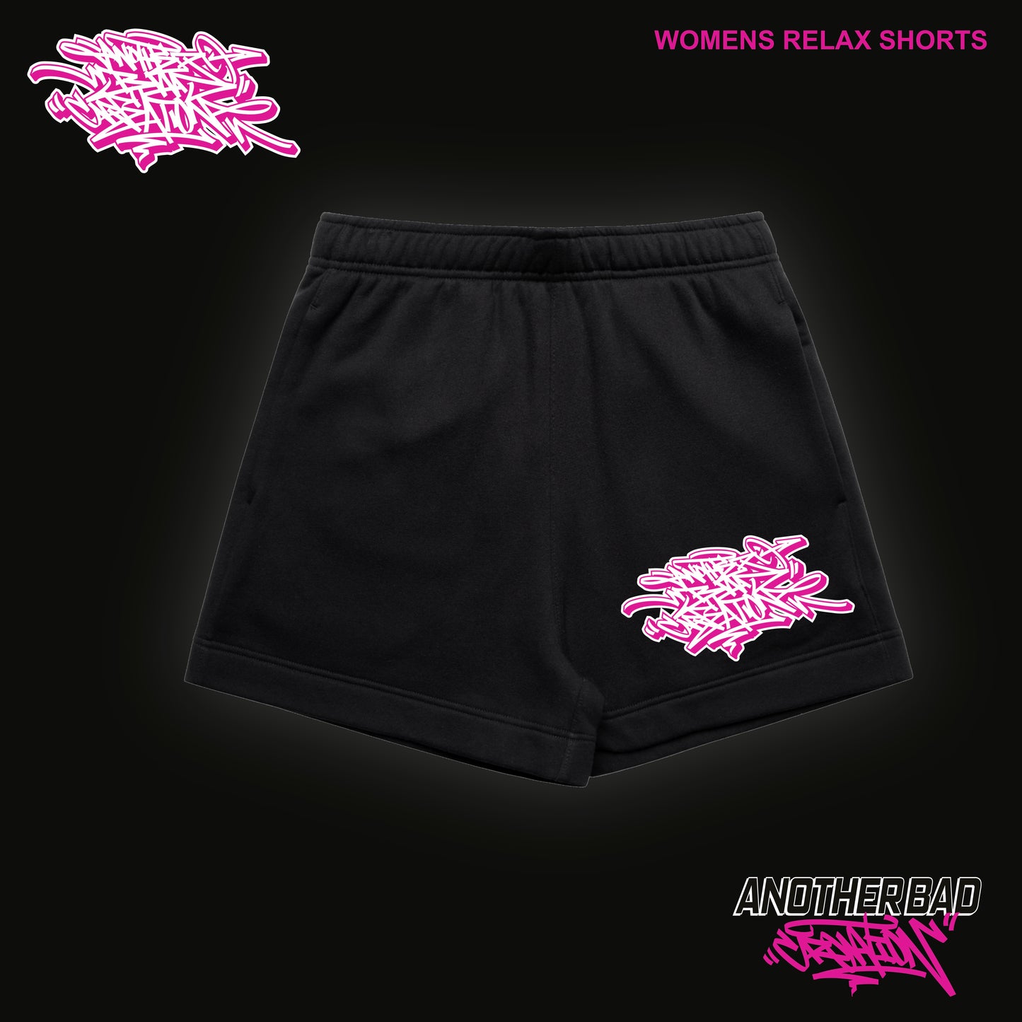 WOMENS ANOTHER BAD CREATION - ABC PINK ON BLACK DROP - RELAX SHORTS - 4933 - BLACK