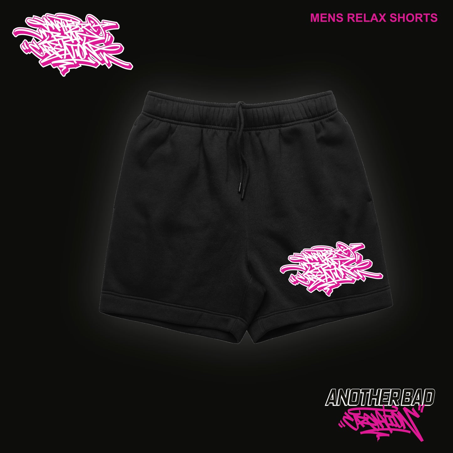 MENS ANOTHER BAD CREATION - ABC PINK ON BLACK DROP - RELAX SHORTS 18" - 5933